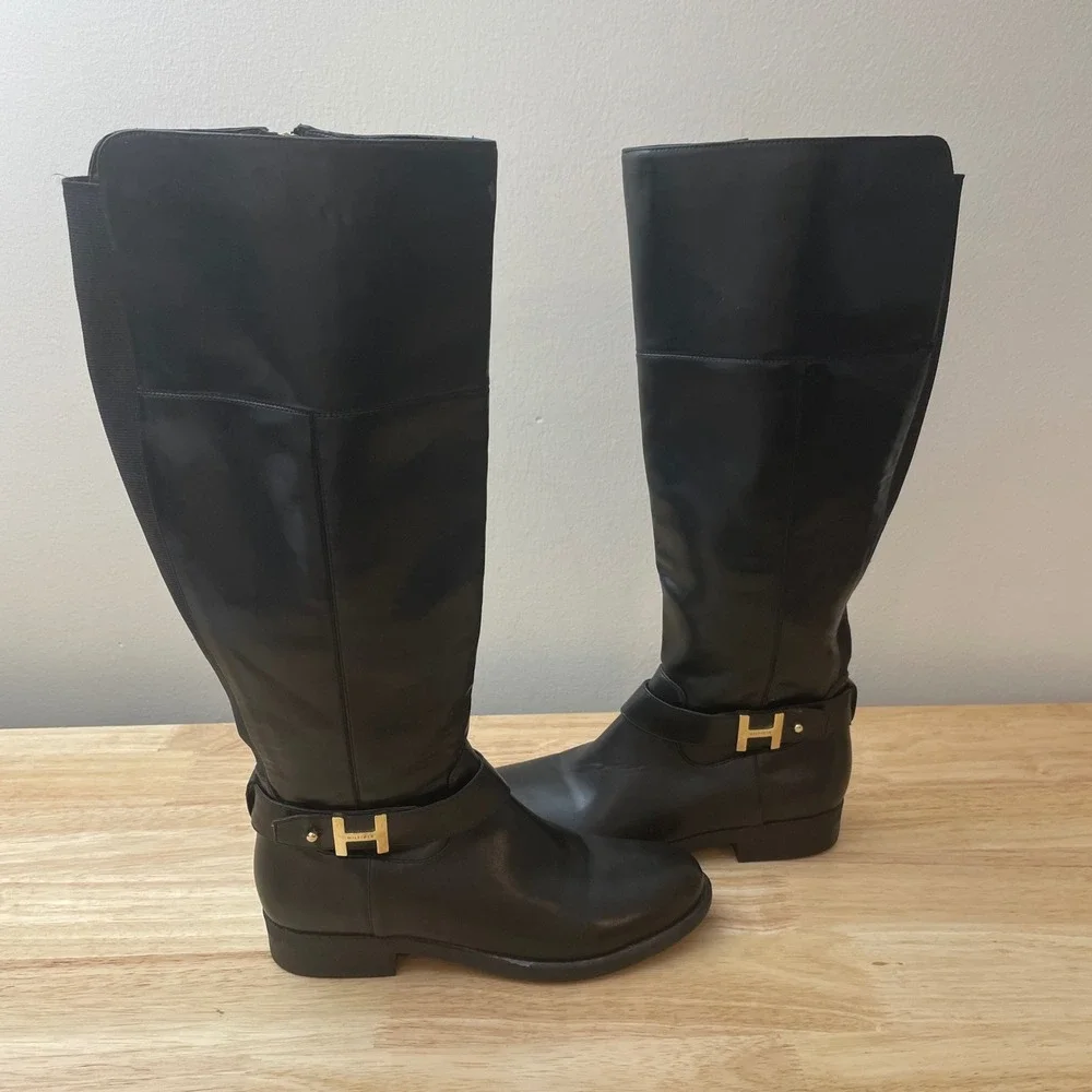 Tommy Hilfiger‎ Black Leather Tall Riding Boots Size 6.5M